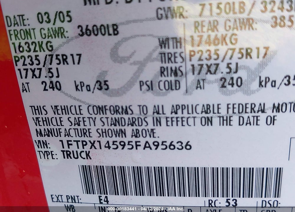 2005 FORD F-150 FX4/LARIAT/XL/XLT VIN: 1FTPX14595FA95636
