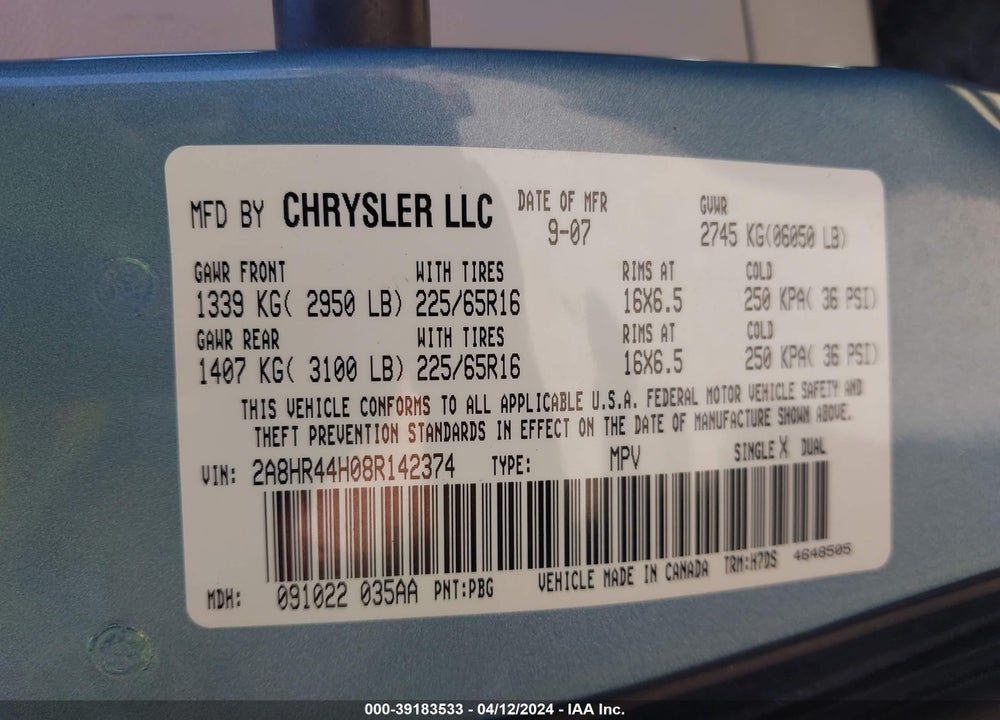 2008 CHRYSLER TOWN & COUNTRY LX VIN: 2A8HR44H08R142374