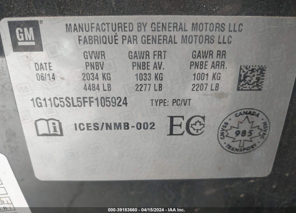 2015 CHEVROLET MALIBU 1LT VIN: 1G11C5SL5FF105924