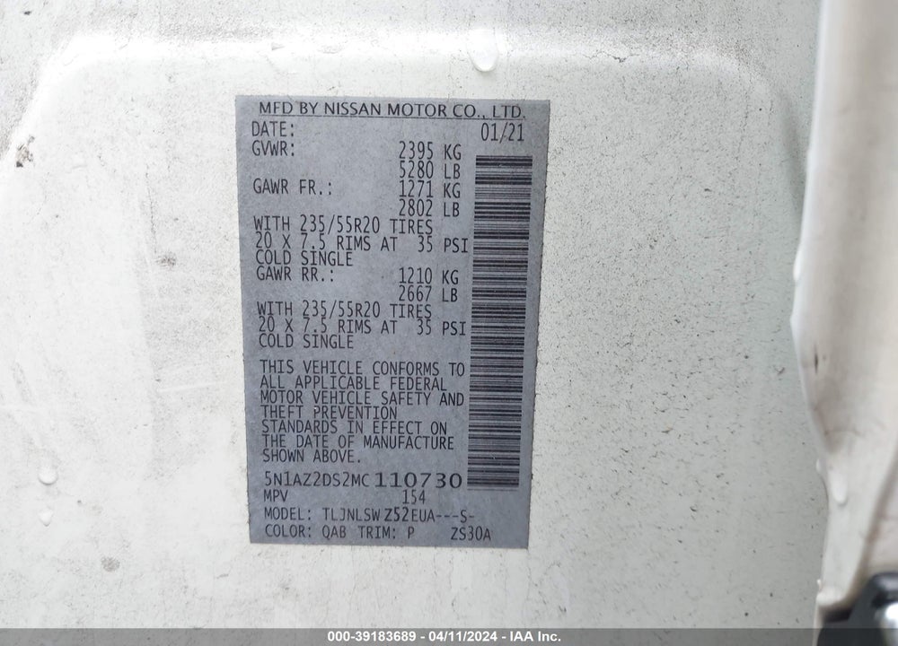 2021 NISSAN MURANO PLATINUM INTELLIGENT AWD VIN: 5N1AZ2DS2MC110730