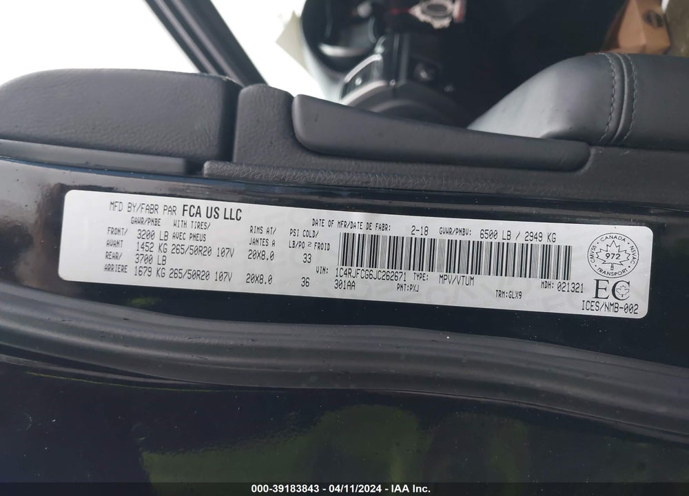 2018 JEEP GRAND CHEROKEE OVERLAND VIN: 1C4RJFCG6JC262671