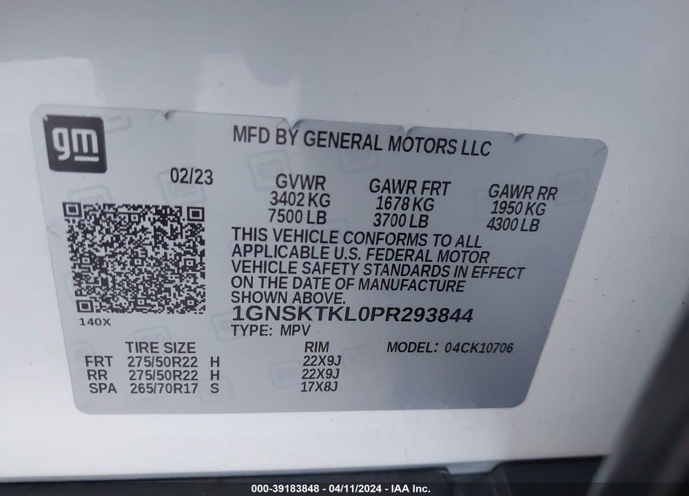 2023 CHEVROLET TAHOE 4WD HIGH COUNTRY VIN: 1GNSKTKL0PR293844