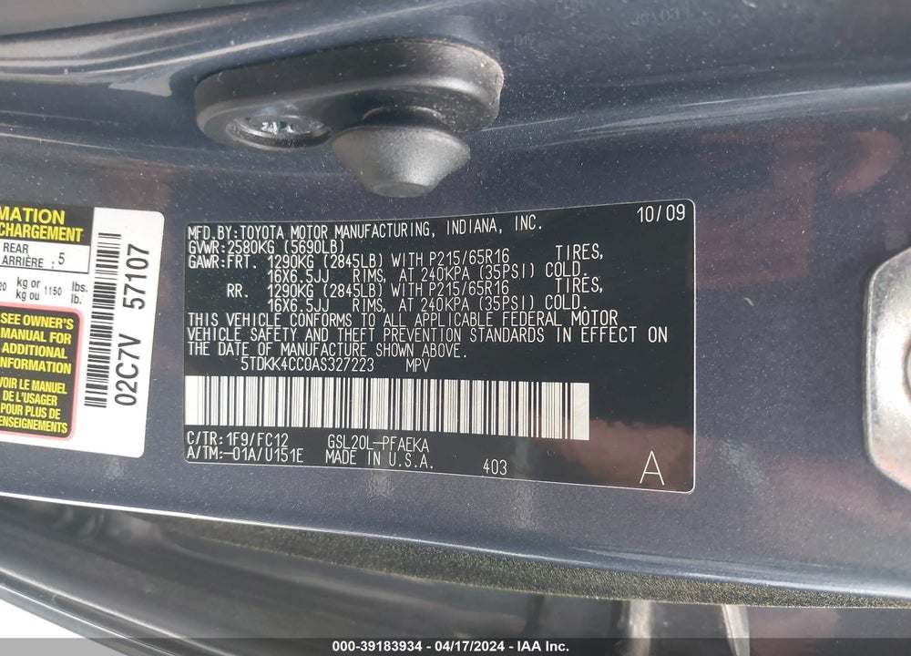 2010 TOYOTA SIENNA LE VIN: 5TDKK4CC0AS327223