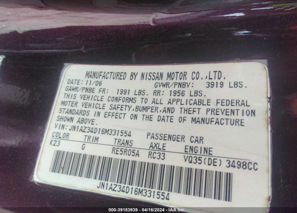 2006 NISSAN 350Z TOURING VIN: JN1AZ34D16M331554