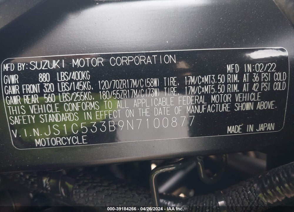 2022 SUZUKI GSX-S750 VIN: JS1C533B9N7100877