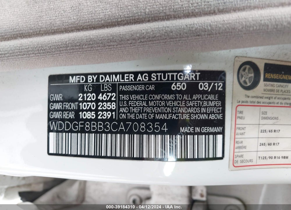 2012 MERCEDES-BENZ C 300 LUXURY 4MATIC/SPORT 4MATIC VIN: WDDGF8BB3CA708354