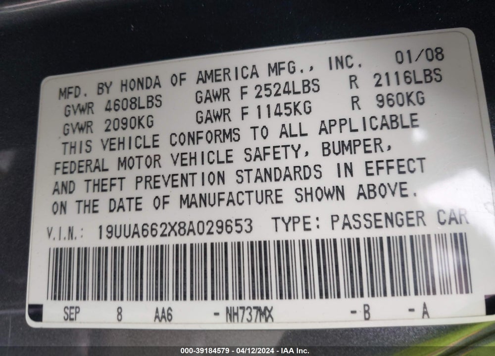 2008 ACURA TL 3.2 VIN: 19UUA662X8A029653