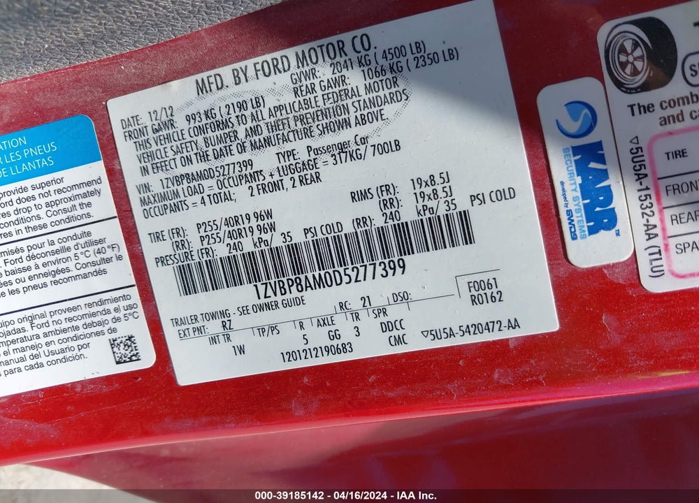 2013 FORD MUSTANG V6 VIN: 1ZVBP8AM0D5277399