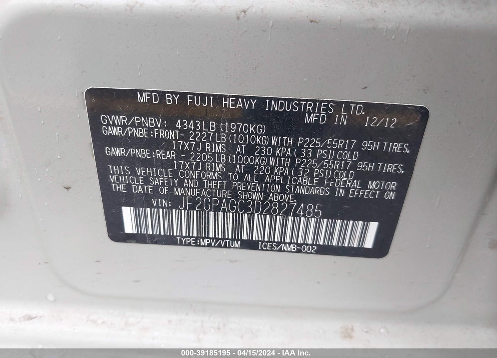 2013 SUBARU XV CROSSTREK 2.0 LIMITED VIN: JF2GPAGC3D2827485