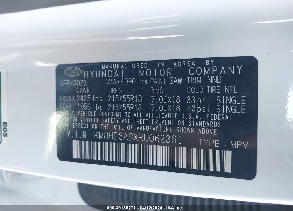 2024 HYUNDAI KONA SEL VIN: KM8HB3ABXRU062361