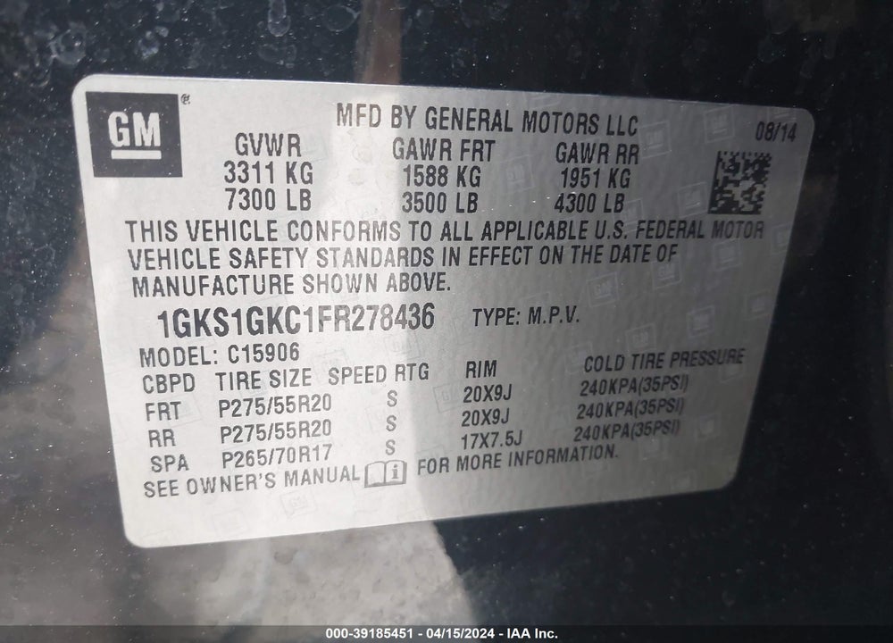 2015 GMC YUKON XL 1500 VIN: 1GKS1GKC1FR278436