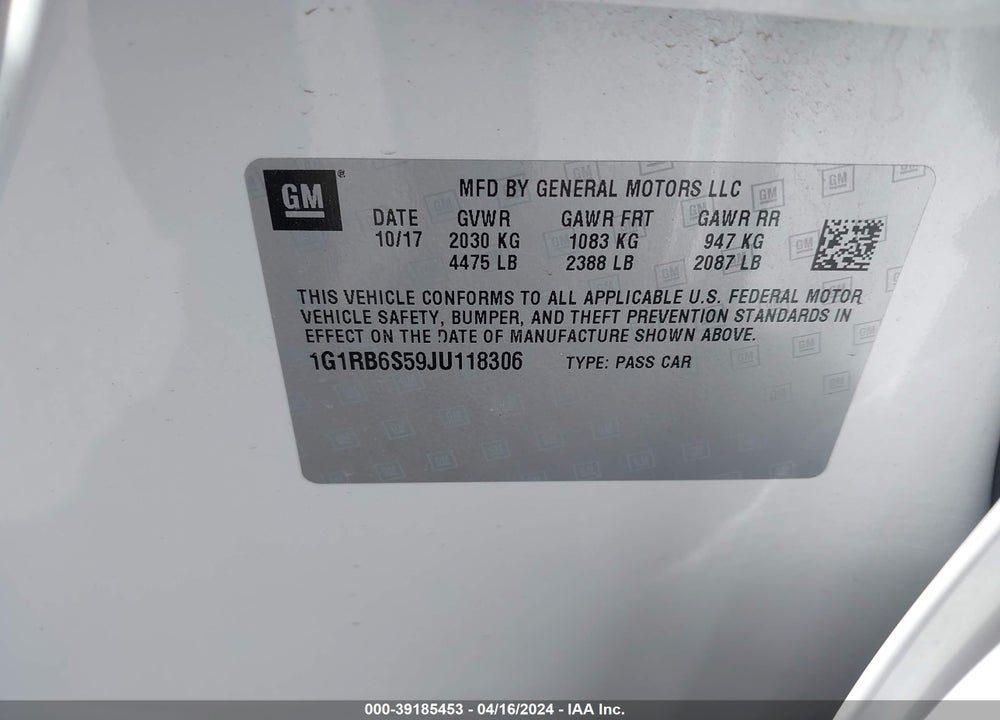 2018 CHEVROLET VOLT PREMIER VIN: 1G1RB6S59JU118306