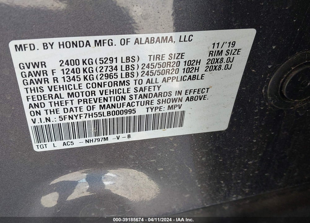 2020 HONDA PASSPORT 2WD EX-L VIN: 5FNYF7H55LB000995