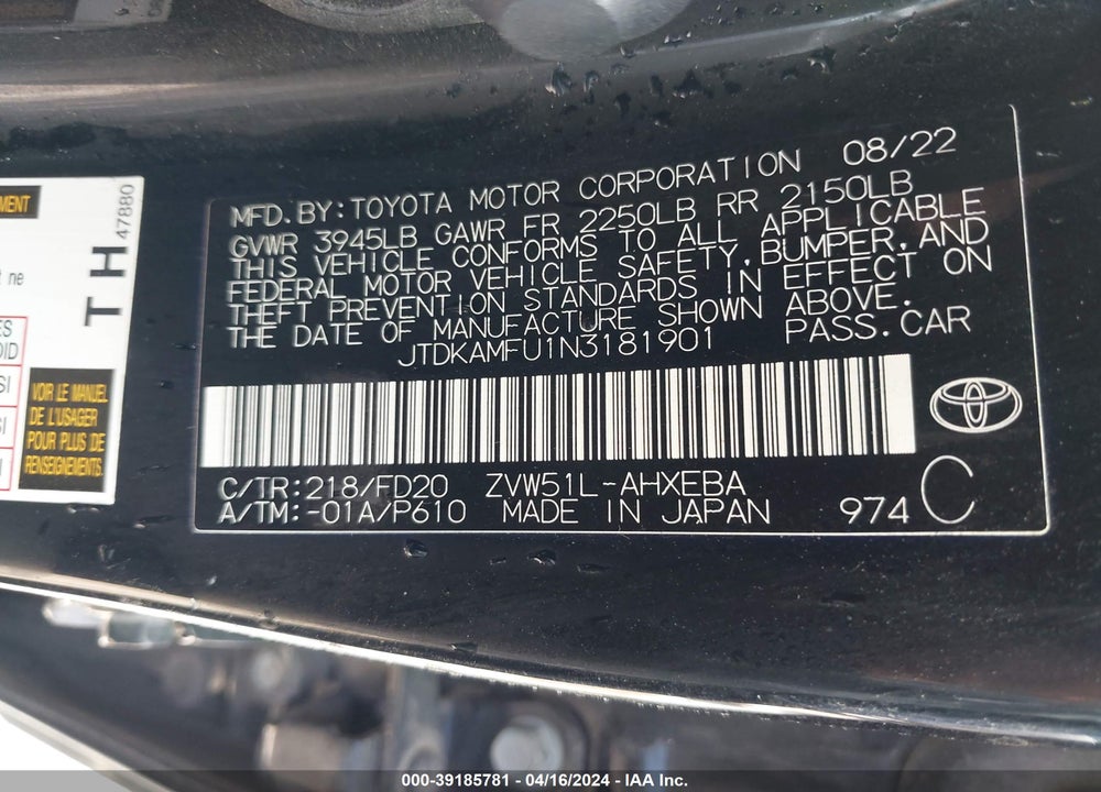 2022 TOYOTA PRIUS LE VIN: JTDKAMFU1N3181901