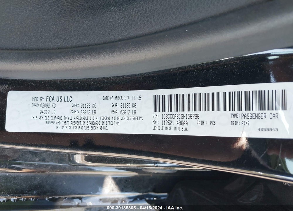 2016 CHRYSLER 200 LIMITED VIN: 1C3CCCAB1GN156796