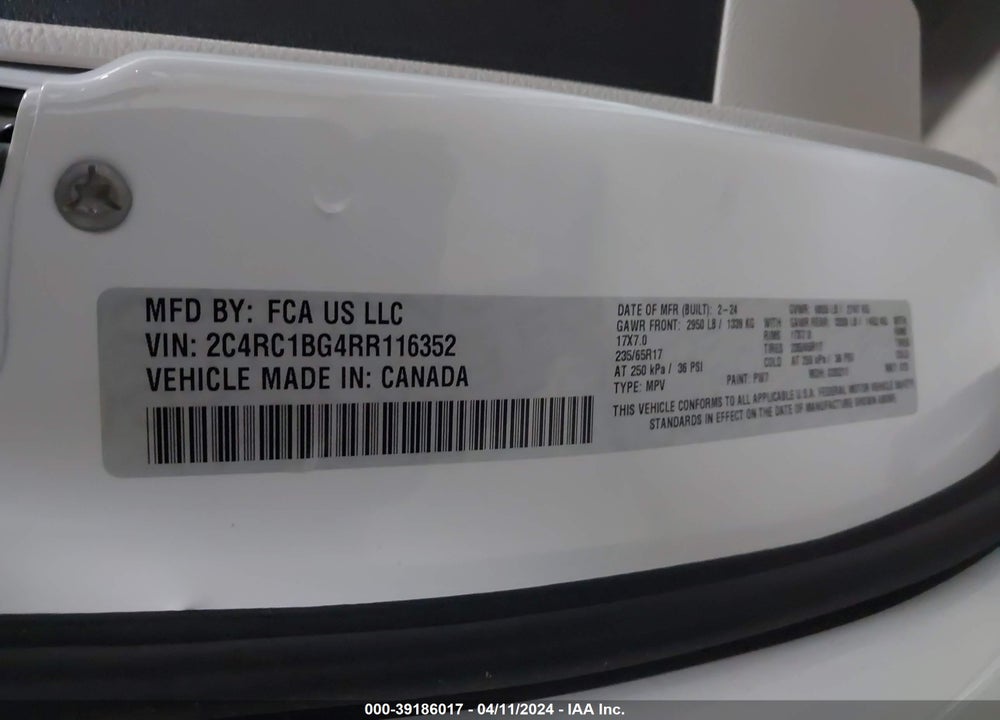 2024 CHRYSLER PACIFICA TOURING L VIN: 2C4RC1BG4RR116352