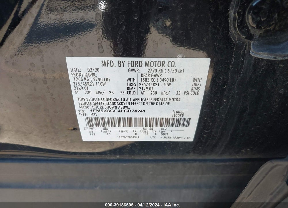 2020 FORD EXPLORER ST VIN: 1FM5K8GC4LGB74241