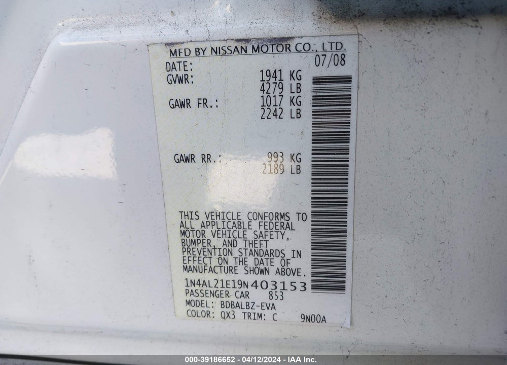 2009 NISSAN ALTIMA 2.5 S VIN: 1N4AL21E19N403153