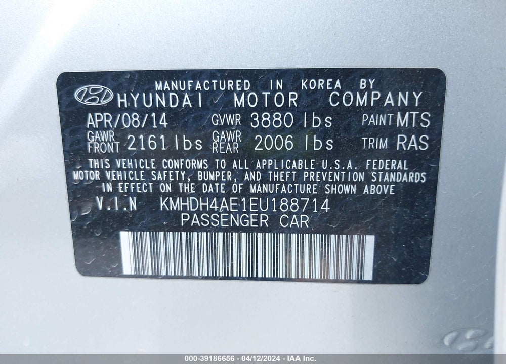2014 HYUNDAI ELANTRA SE VIN: KMHDH4AE1EU188714