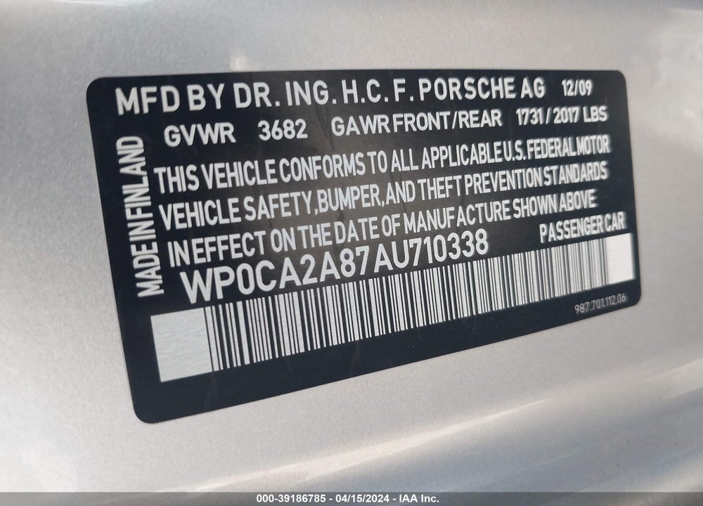 2010 PORSCHE BOXSTER VIN: WP0CA2A87AU710338