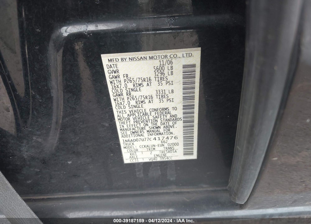 2007 NISSAN FRONTIER NISMO OFF ROAD VIN: 1N6AD07U77C417476