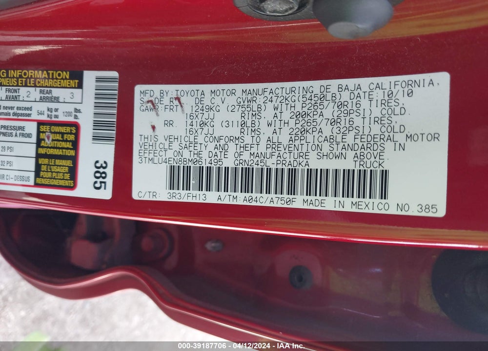 2011 TOYOTA TACOMA BASE V6 VIN: 3TMLU4EN8BM061495