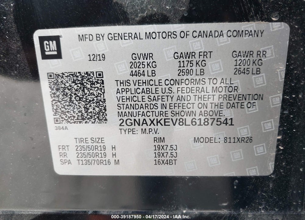 2020 CHEVROLET EQUINOX FWD LT 1.5L TURBO VIN: 2GNAXKEV8L6187541