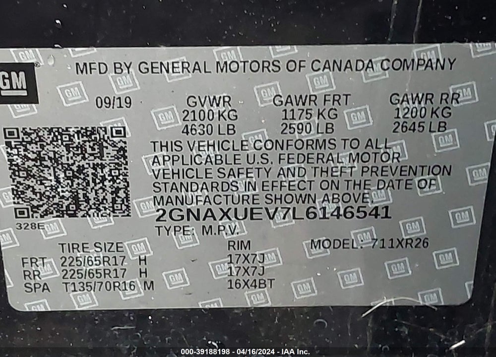 2020 CHEVROLET EQUINOX AWD LT 1.5L TURBO VIN: 2GNAXUEV7L6146541