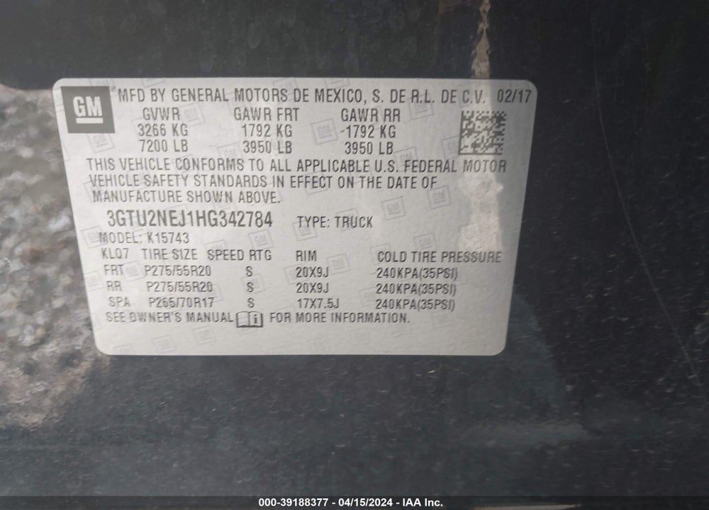 2017 GMC SIERRA 1500 SLT VIN: 3GTU2NEJ1HG342784