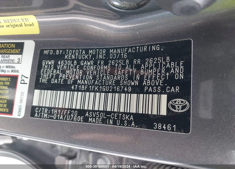 2016 TOYOTA CAMRY VIN: 4T1BF1FK1GU216749