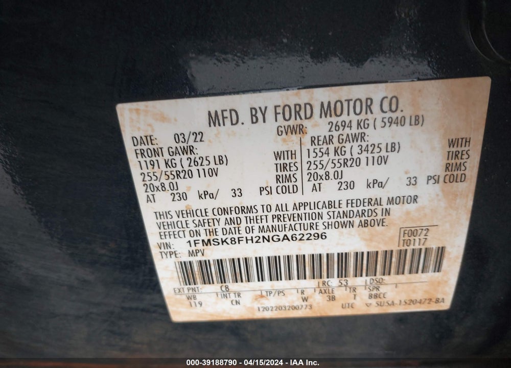 2022 FORD EXPLORER LIMITED VIN: 1FMSK8FH2NGA62296