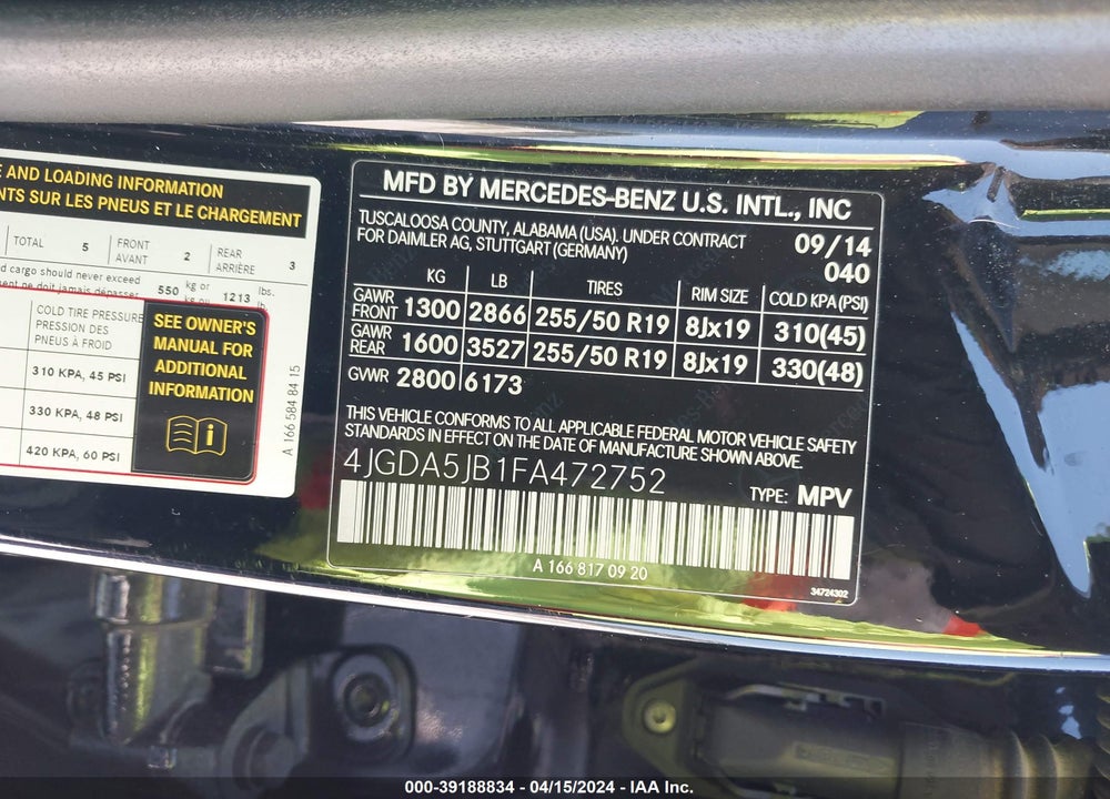 2015 MERCEDES-BENZ ML 350 VIN: 4JGDA5JB1FA472752