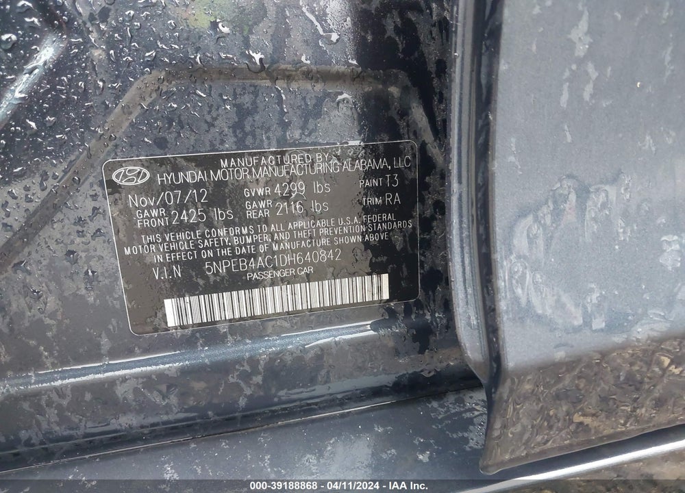 2013 HYUNDAI SONATA GLS VIN: 5NPEB4AC1DH640842