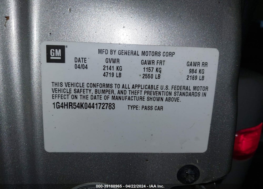 2004 BUICK LESABRE LIMITED VIN: 1G4HR54K044172783