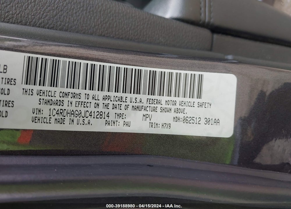2018 DODGE DURANGO SXT RWD VIN: 1C4RDHAG0JC412814