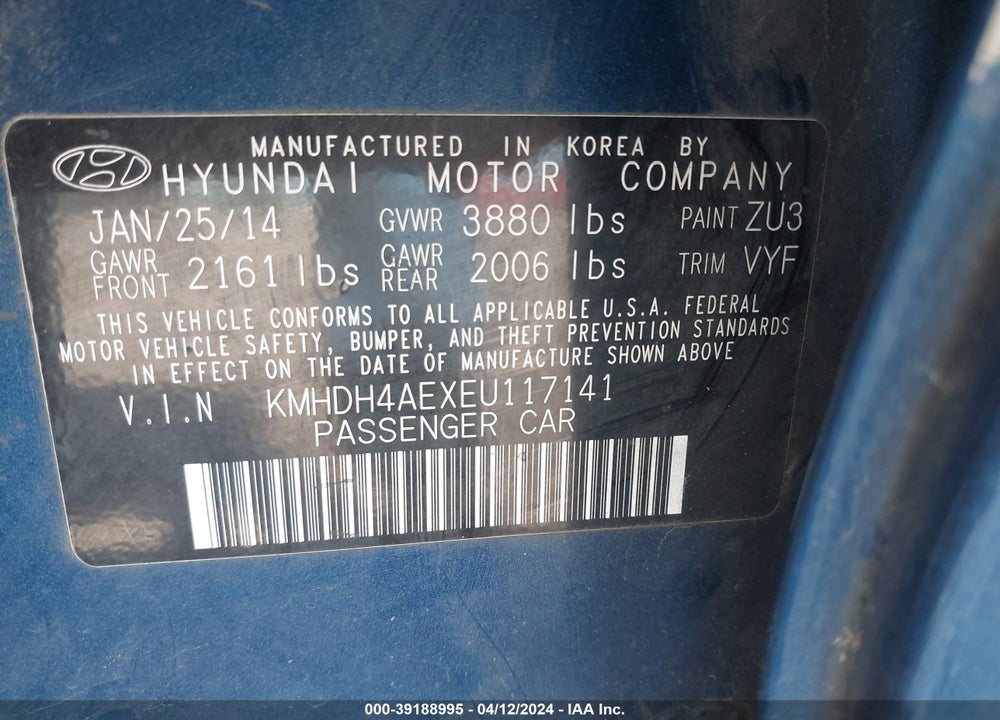 2014 HYUNDAI ELANTRA SE VIN: KMHDH4AEXEU117141