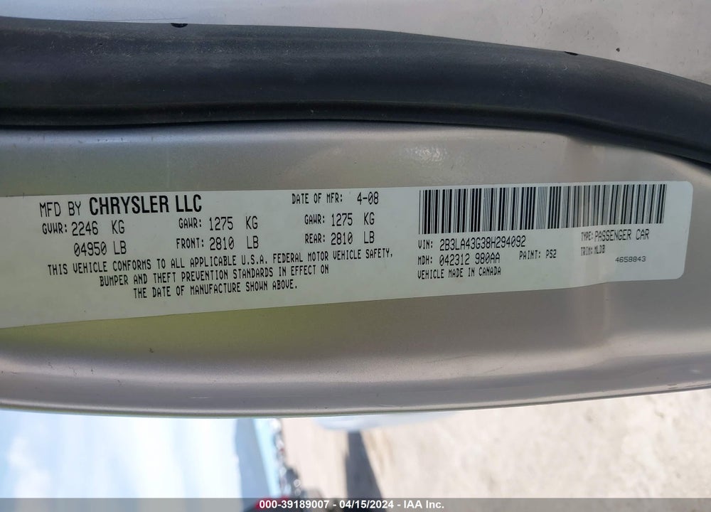 2008 DODGE CHARGER VIN: 2B3LA43G38H294092