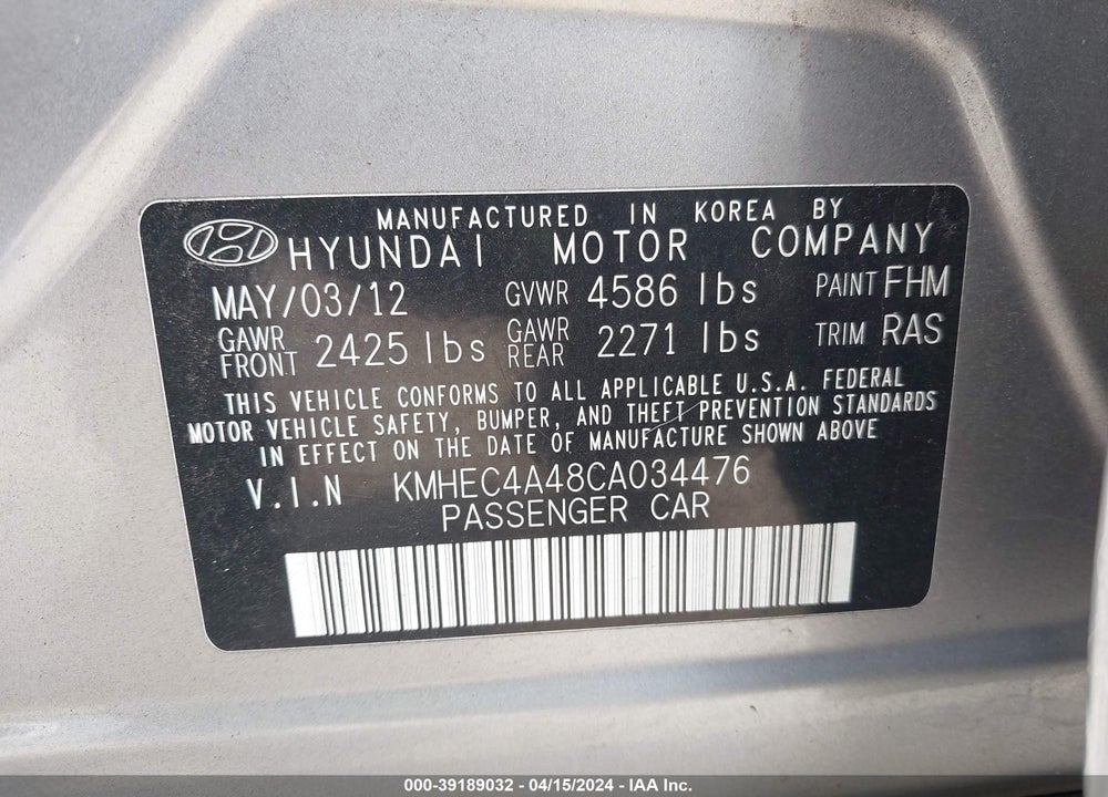 2012 HYUNDAI SONATA HYBRID VIN: KMHEC4A48CA034476