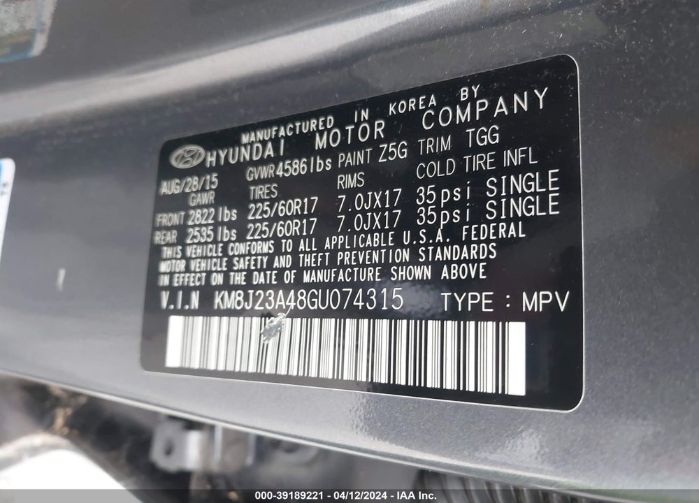 2016 HYUNDAI TUCSON SE VIN: KM8J23A48GU074315