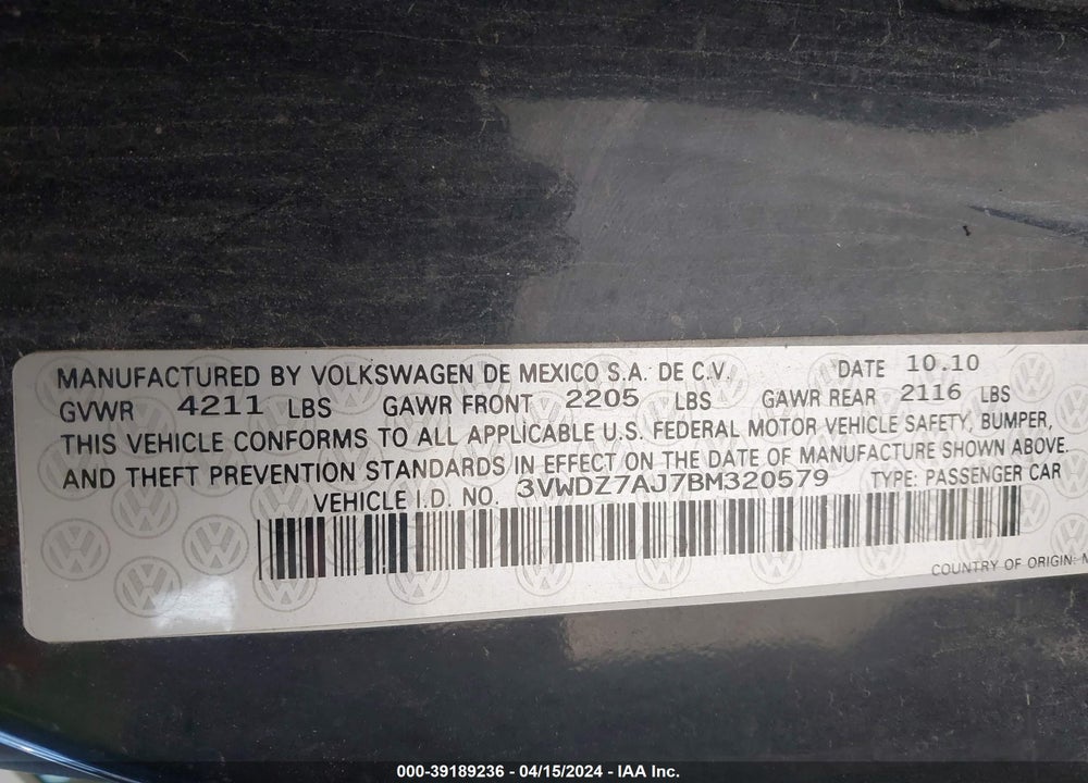 2011 VOLKSWAGEN JETTA 2.5L SE VIN: 3VWDZ7AJ7BM320579