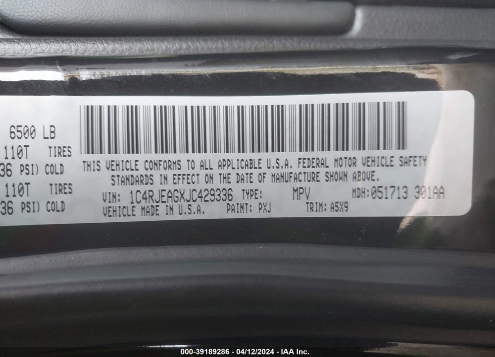 2018 CHEROKEE JEEP GRAND  LAREDO E 4X2 VIN: 1C4RJEAGXJC429336