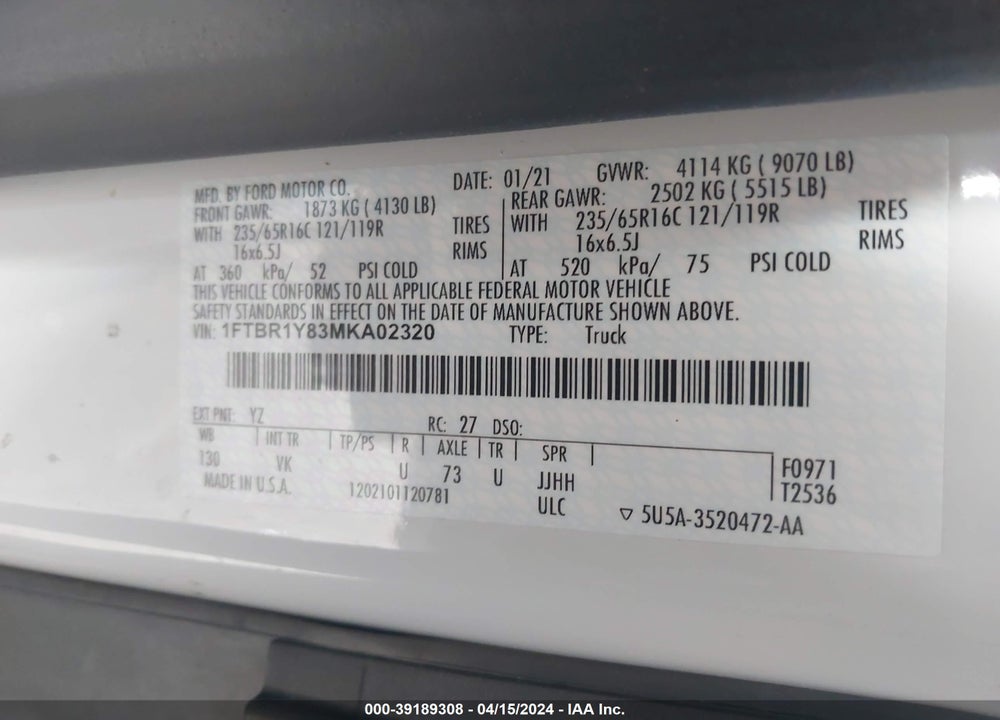 2021 FORD TRANSIT-250 VIN: 1FTBR1Y83MKA02320