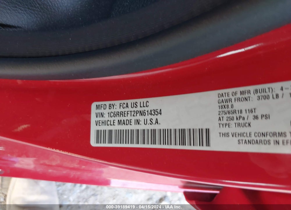 2023 RAM 1500 BIG HORN 4X2 5'7 BOX VIN: 1C6RREFT2PN614354
