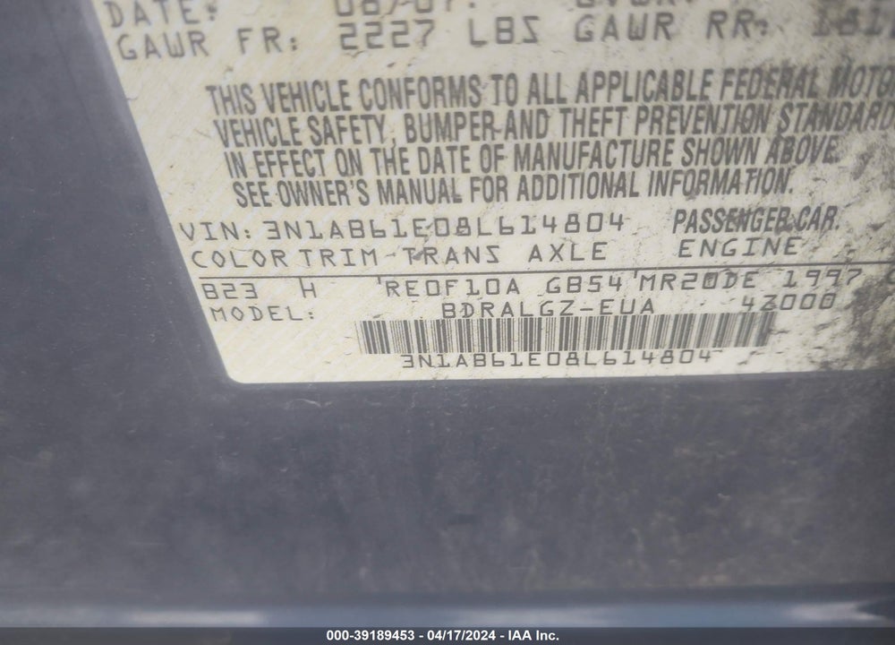 2008 NISSAN SENTRA 2.0SL VIN: 3N1AB61E08L614804