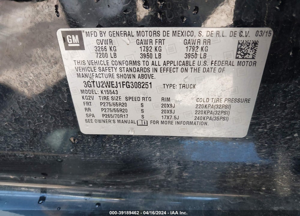 2015 GMC SIERRA 1500 DENALI VIN: 3GTU2WEJ1FG308251