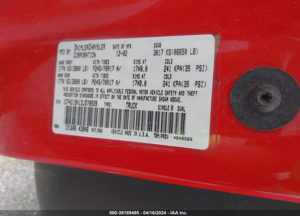 2003 DODGE RAM 1500 SLT/LARAMIE/ST VIN: 1D7HU18N13J578528