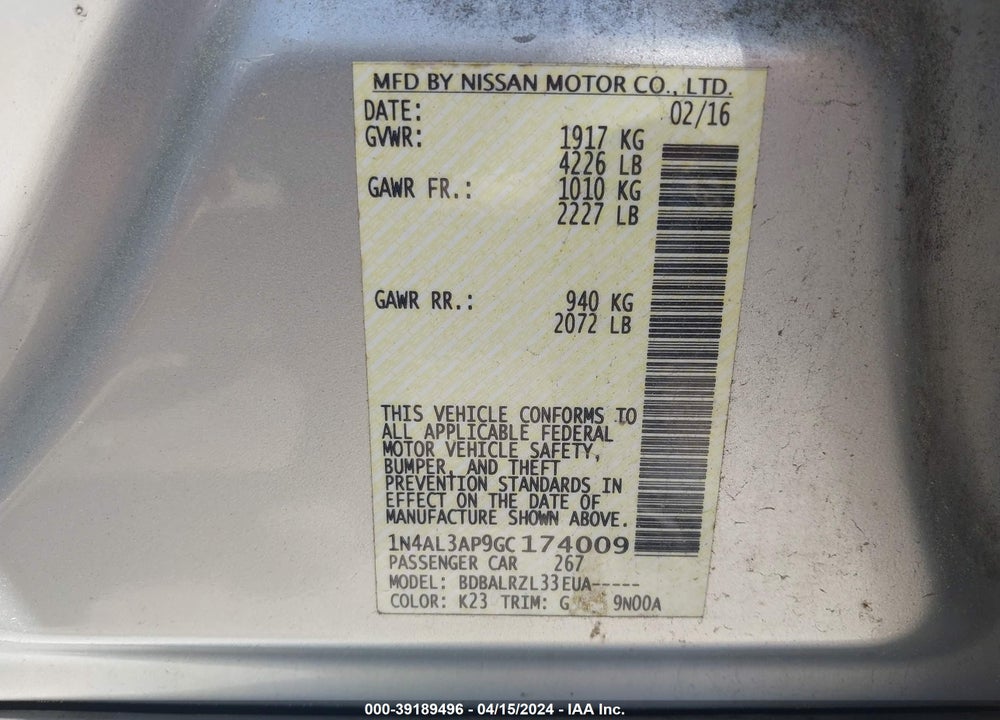 2016 NISSAN ALTIMA VIN: 1N4AL3AP9GC174009