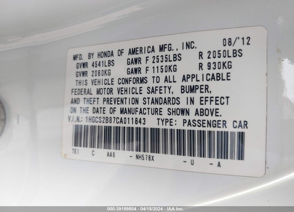 2012 HONDA ACCORD 3.5 EX-L VIN: 1HGCS2B87CA011843