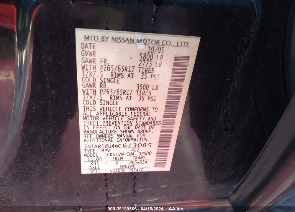 2006 NISSAN PATHFINDER LE VIN: 5N1AR18U46C613085