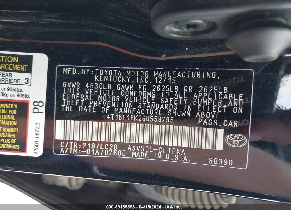 2016 TOYOTA CAMRY XSE VIN: 4T1BF1FK2GU559795
